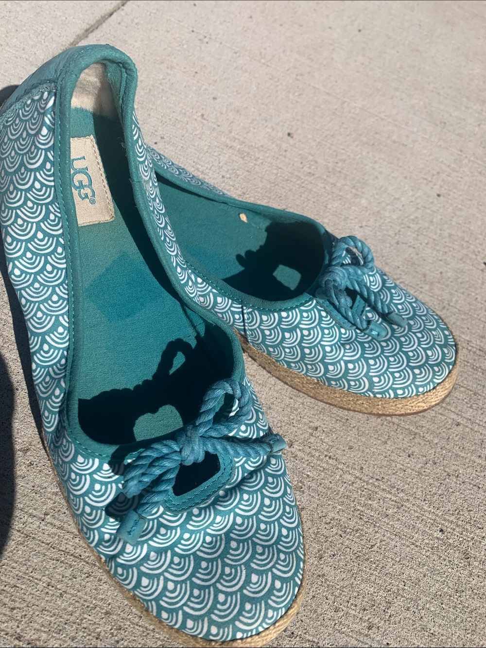 UGG Australia "Syleste" teal blue canvas scallop-print espadrille flats